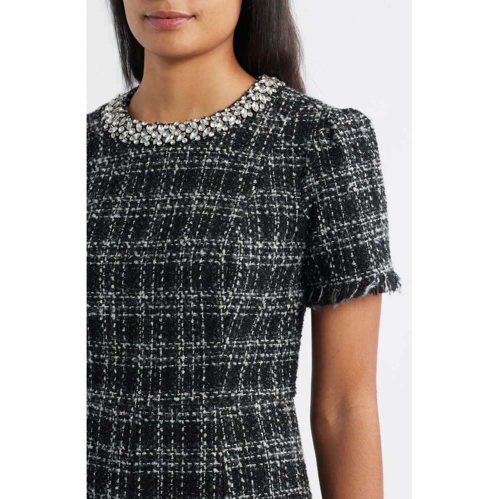 Eliza J Women Black White Tweed Jewel Neck Fit Flare Dress Size 10 NWT